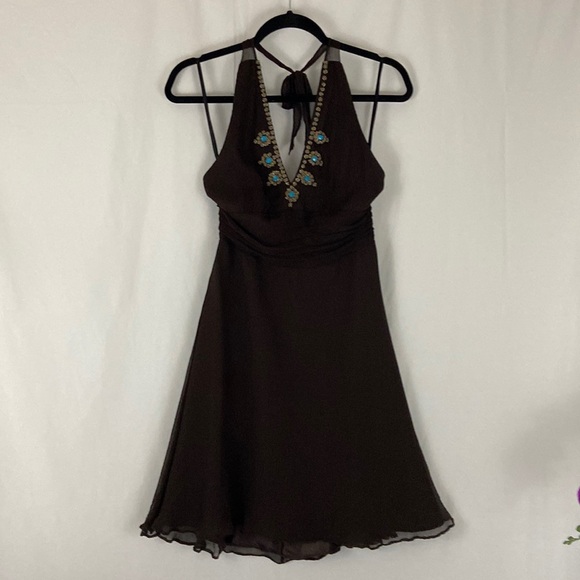 Vintage Signature By Robbie Bee Brown Silk Halter Dress Size 6P - Picture 1 of 8